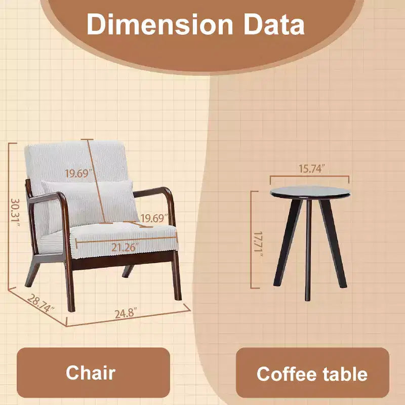 Etokfoks Mid Century Modern Accent Chair and Coffee Table Set Beige Chair Walnut Tone Table for Living Room or Bedroom Relaxation