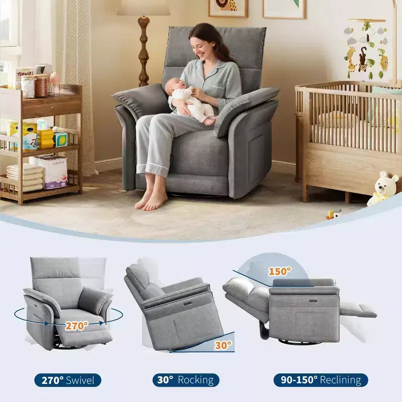 Swivel Rocker Recliner Chair for Living Room  Chenille or Faux Leather, Double-Layer or Curved Armrests, Padded Backrest