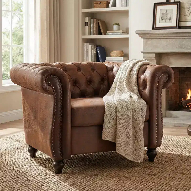 Whisen Modern Chesterfield Accent Chair, Club Chair with Scrolled Arms, Nailhead Trim and Solid Wood Legs