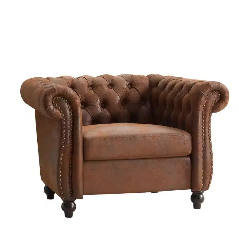Whisen Modern Chesterfield Accent Chair, Club Chair with Scrolled Arms, Nailhead Trim and Solid Wood Legs