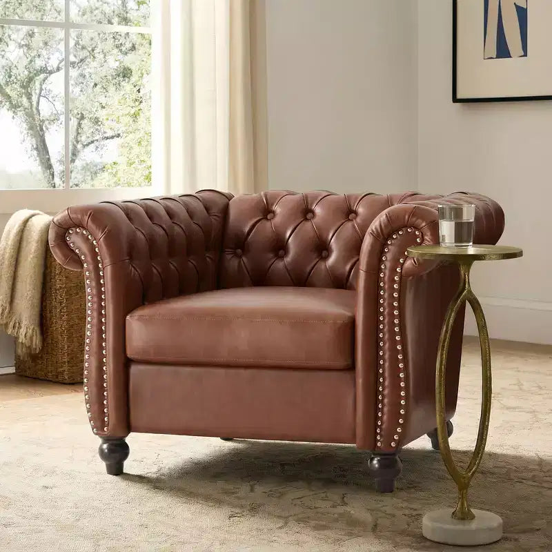 Whisen Modern Chesterfield Accent Chair, Club Chair with Scrolled Arms, Nailhead Trim and Solid Wood Legs
