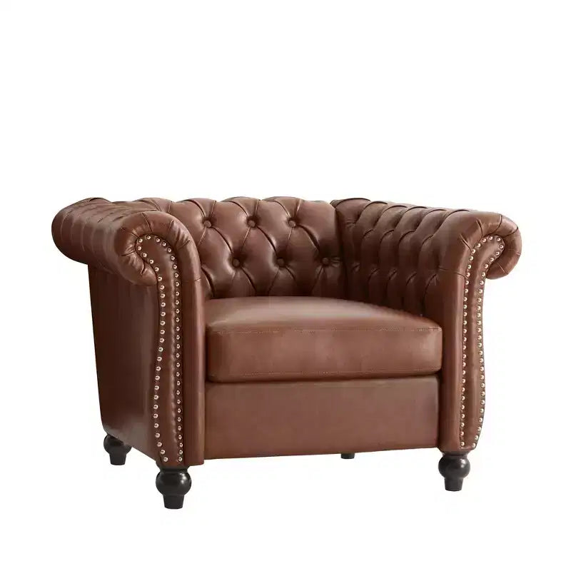 Whisen Modern Chesterfield Accent Chair, Club Chair with Scrolled Arms, Nailhead Trim and Solid Wood Legs