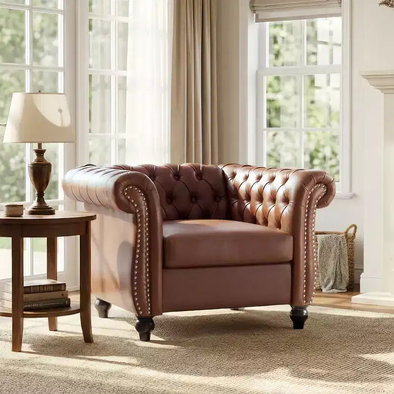 Whisen Modern Chesterfield Accent Chair, Club Chair with Scrolled Arms, Nailhead Trim and Solid Wood Legs