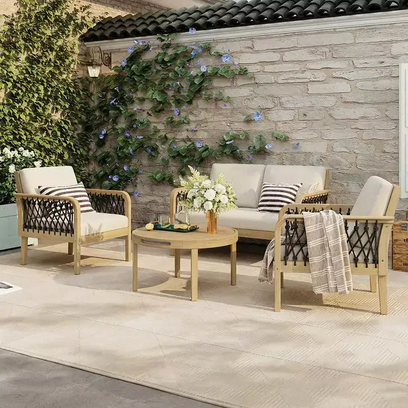 Christopher Knight Home Yuna Farmhouse 4 Piece Outdoor Acacia Wood Seating Set with Slatted Round Table
