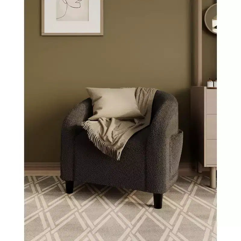 Gray Boucle Fabric Accent Chair - Plush and Supportive Armchair for Living Room, Bedroom or Office