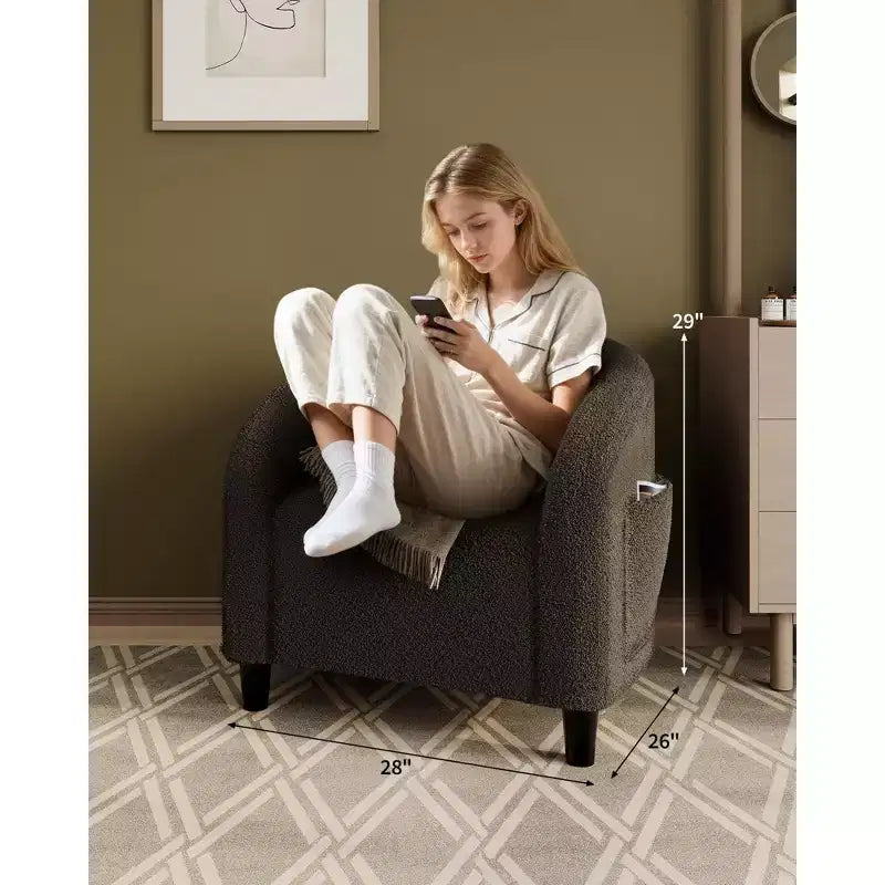 Gray Boucle Fabric Accent Chair - Plush and Supportive Armchair for Living Room, Bedroom or Office