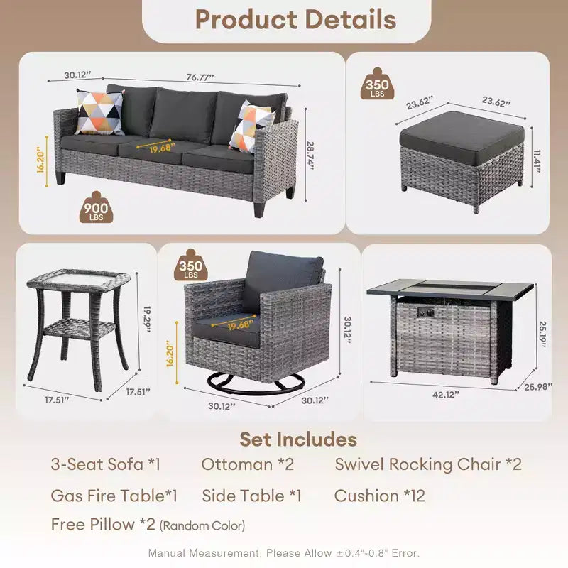 Ensemble de 7 pièces HOMLUX avec chaises pivotantes et table brasero, résistant aux intempéries