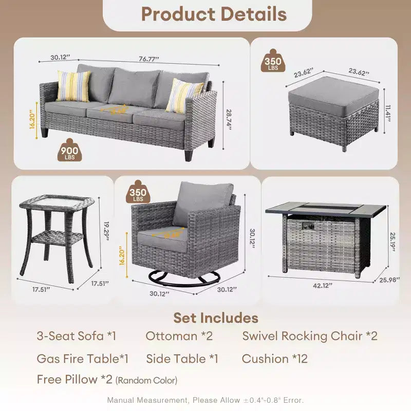 Ensemble de 7 pièces HOMLUX avec chaises pivotantes et table brasero, résistant aux intempéries