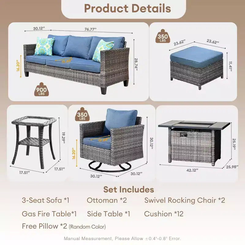 Ensemble de 7 pièces HOMLUX avec chaises pivotantes et table brasero, résistant aux intempéries