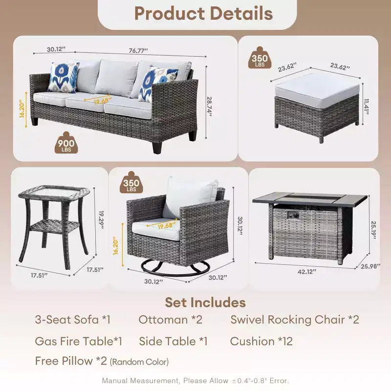 Ensemble de 7 pièces HOMLUX avec chaises pivotantes et table brasero, résistant aux intempéries