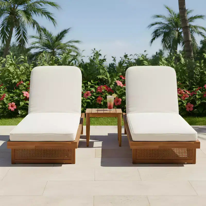 Christopher Knight Home Berenice Patio 3 Piece Acacia Wood Rattan Sunlounge Set with Cushion and Slatted Table