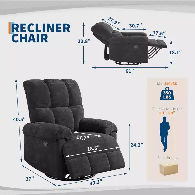 Swivel Rocking Recliner Chair with Lumbar Support - Manual Chenille Glider for Living Room Bedroom Nursery