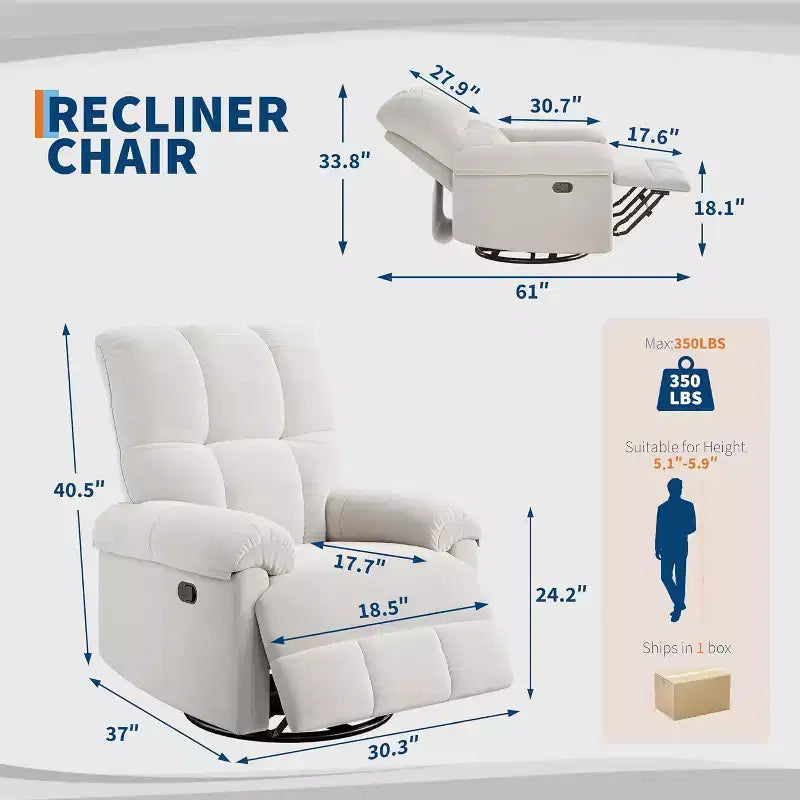 Swivel Rocking Recliner Chair with Lumbar Support - Manual Chenille Glider for Living Room Bedroom Nursery