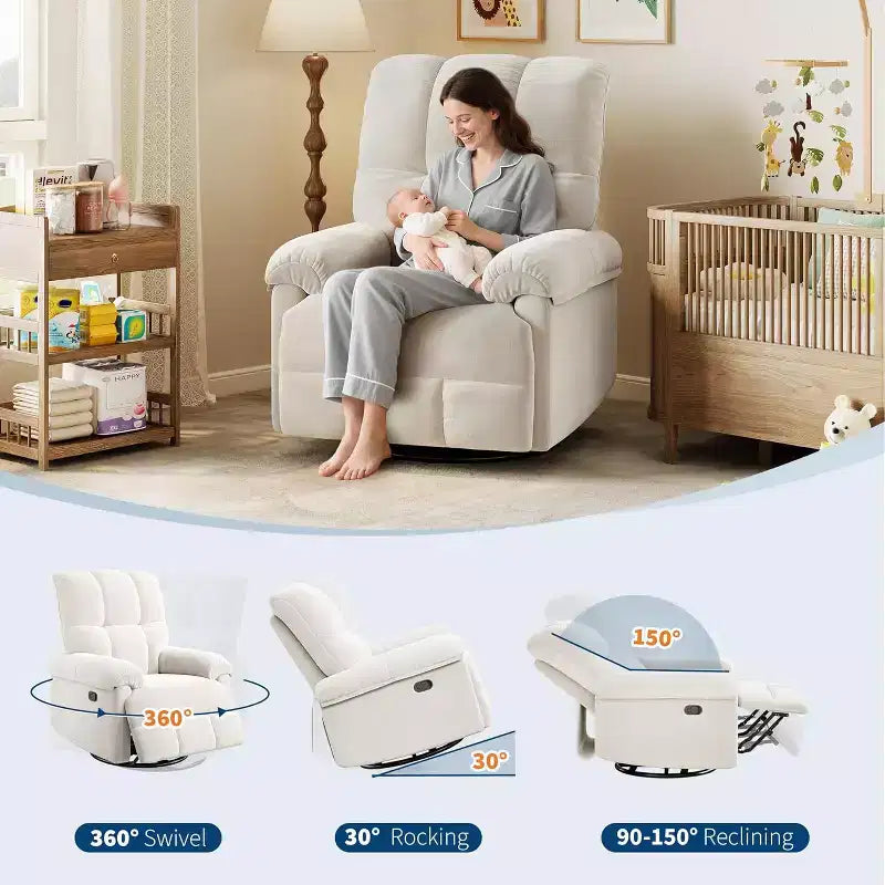 Swivel Rocking Recliner Chair with Lumbar Support - Manual Chenille Glider for Living Room Bedroom Nursery
