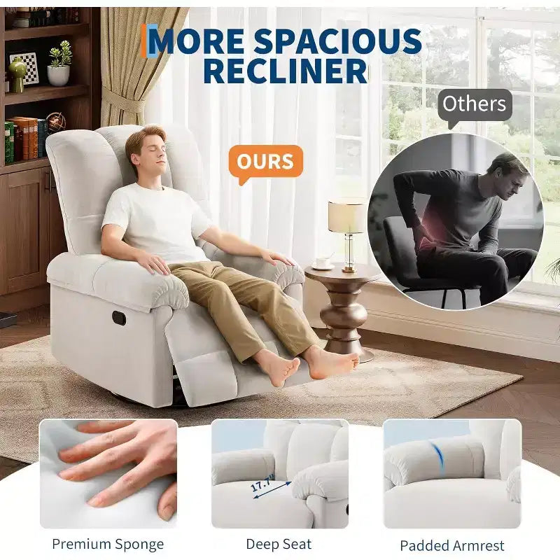 Swivel Rocking Recliner Chair with Lumbar Support - Manual Chenille Glider for Living Room Bedroom Nursery