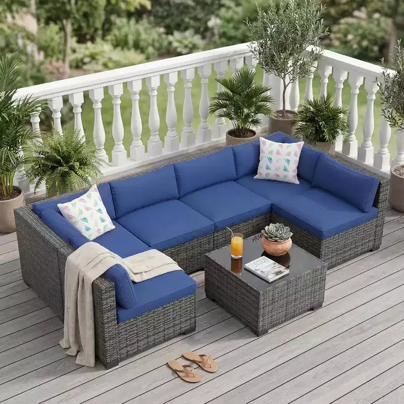 Ensemble de mobilier de jardin 7 pièces, canapé d'angle en rotin PE avec coussins épais et table basse, ensemble de conversation modulable pour jardin