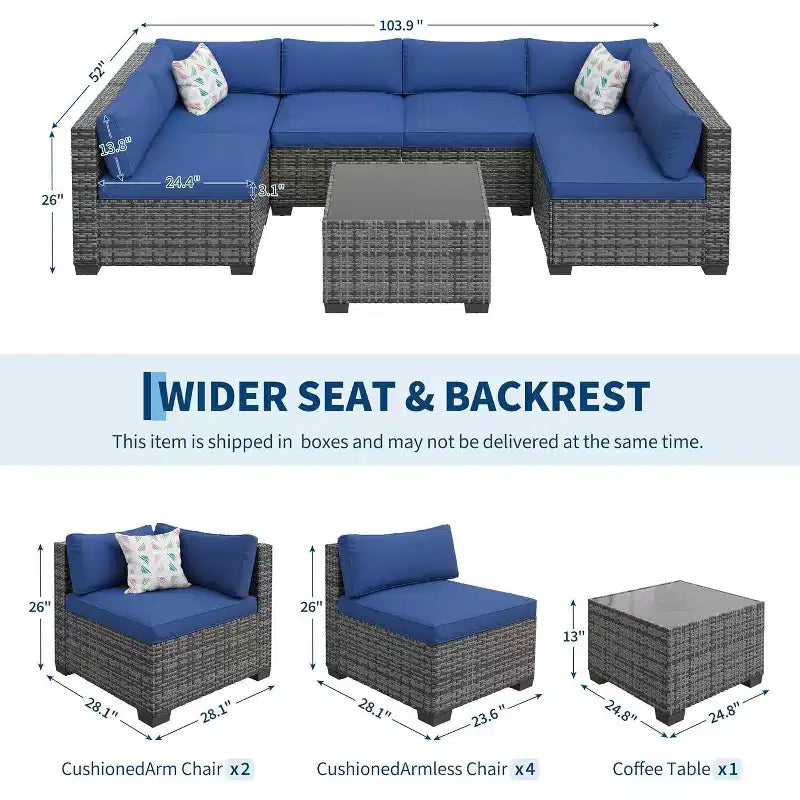 Ensemble de mobilier de jardin 7 pièces, canapé d'angle en rotin PE avec coussins épais et table basse, ensemble de conversation modulable pour jardin