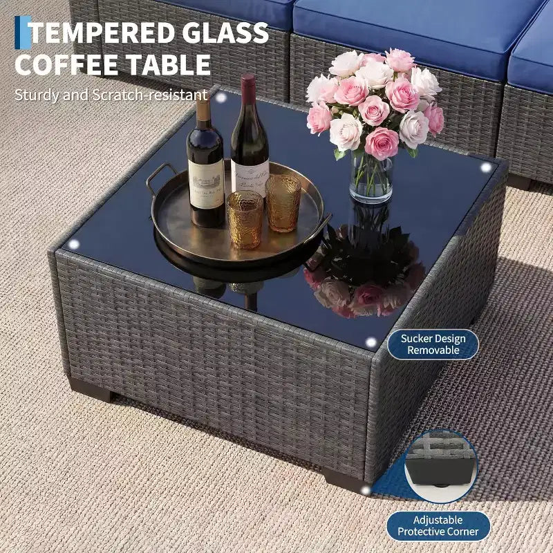 Ensemble de mobilier de jardin 7 pièces, canapé d'angle en rotin PE avec coussins épais et table basse, ensemble de conversation modulable pour jardin