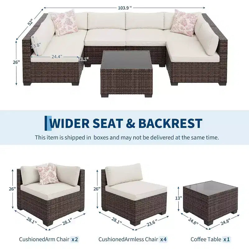 Ensemble de mobilier de jardin 7 pièces, canapé d'angle en rotin PE avec coussins épais et table basse, ensemble de conversation modulable pour jardin