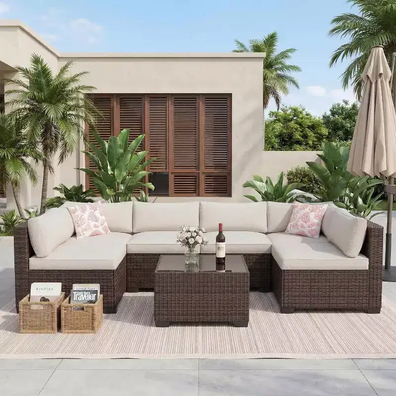Ensemble de mobilier de jardin 7 pièces, canapé d'angle en rotin PE avec coussins épais et table basse, ensemble de conversation modulable pour jardin