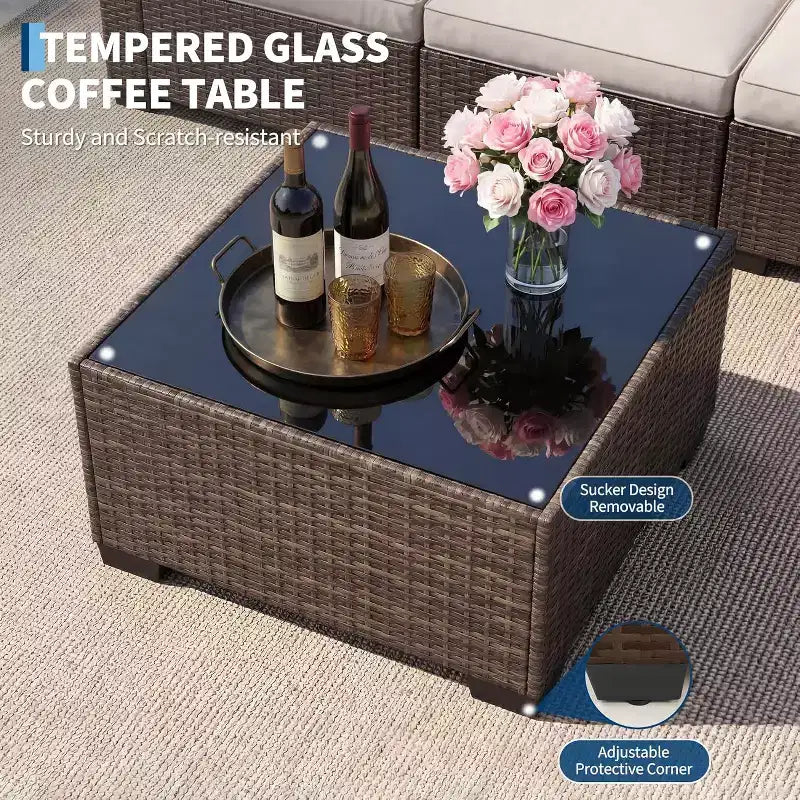 Ensemble de mobilier de jardin 7 pièces, canapé d'angle en rotin PE avec coussins épais et table basse, ensemble de conversation modulable pour jardin