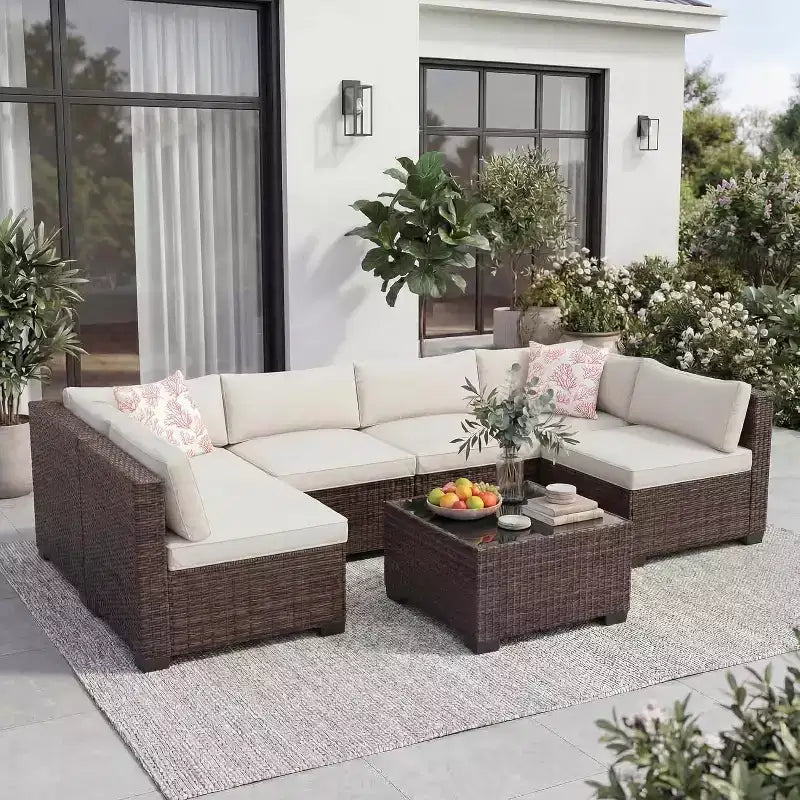 7 Piece Outdoor Patio Furniture Set, PE Rattan Wicker Sectional Sofa Set with Thick Cushions & Coffee Table, Modular Conversation Set for Garden