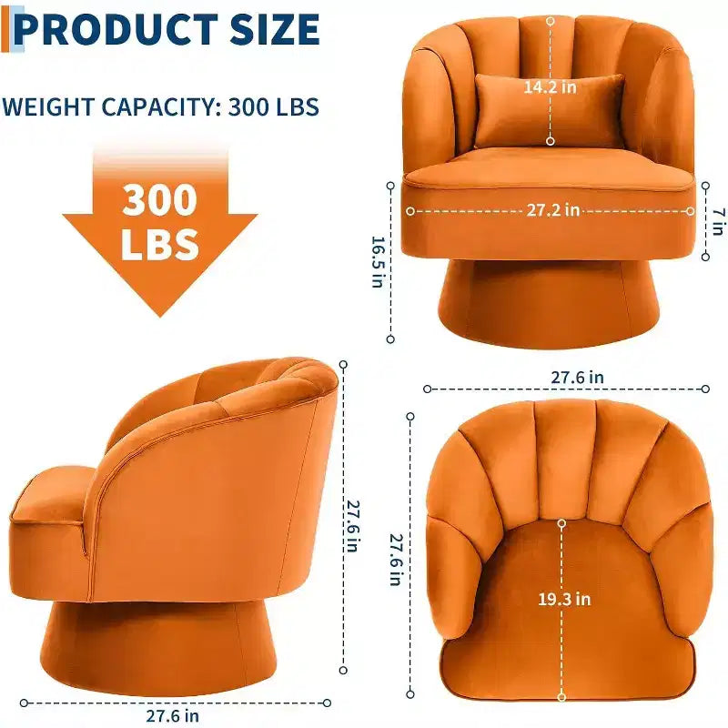 Modern Swivel Barrel Chair - 360 Swivel Accent Chair with Velvet Upholstery & Wide Cushioned Seat & Striped Backrest, Orange Round Lounge Sofa Chair
