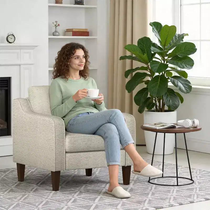 FDW Accent Chair, Beige Linen Fabric Upholstered Armchair with Scooped Arms, Comfortable Single Sofa Chair for Living Room, Bedroom, Apartment, Office