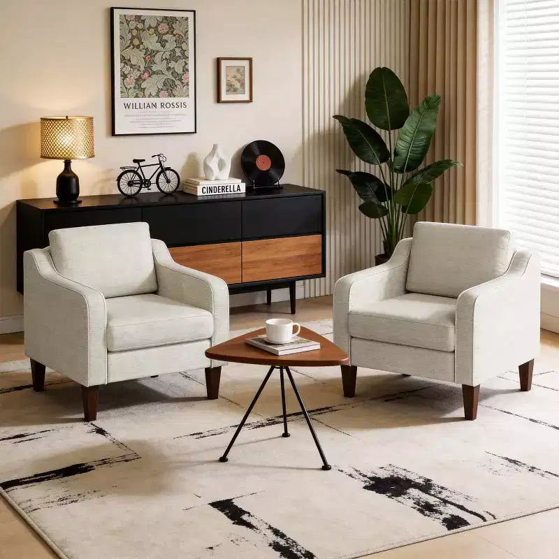 FDW Accent Chair, Beige Linen Fabric Upholstered Armchair with Scooped Arms, Comfortable Single Sofa Chair for Living Room, Bedroom, Apartment, Office