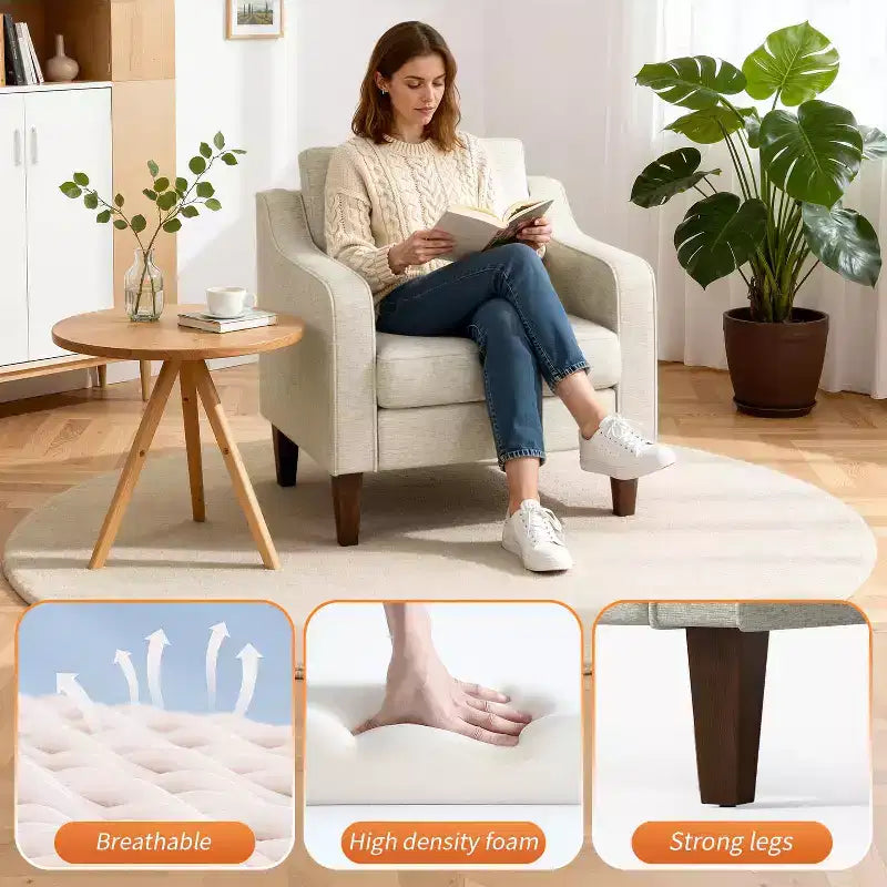 FDW Accent Chair, Beige Linen Fabric Upholstered Armchair with Scooped Arms, Comfortable Single Sofa Chair for Living Room, Bedroom, Apartment, Office