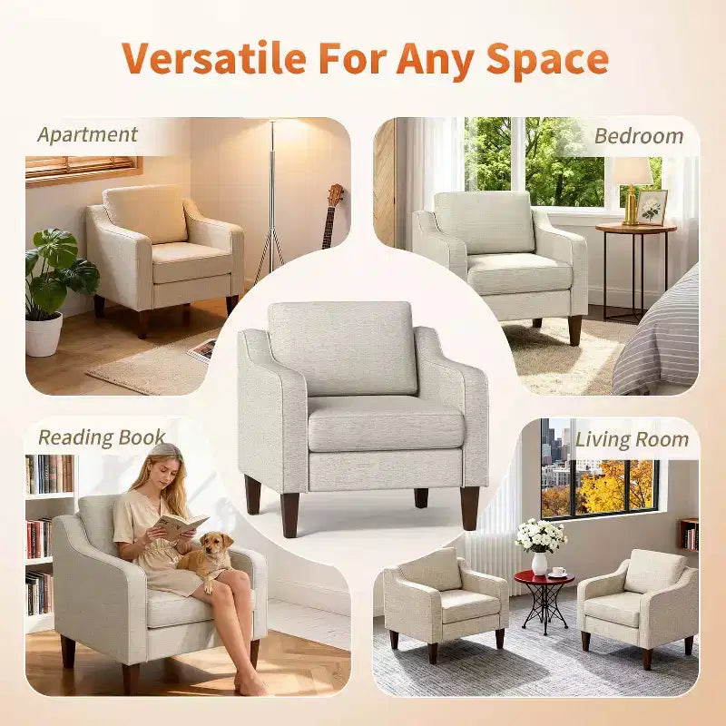 FDW Accent Chair, Beige Linen Fabric Upholstered Armchair with Scooped Arms, Comfortable Single Sofa Chair for Living Room, Bedroom, Apartment, Office
