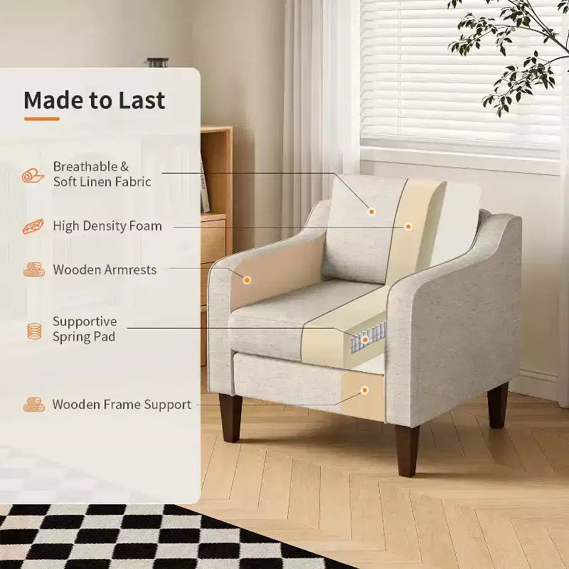 FDW Accent Chair, Beige Linen Fabric Upholstered Armchair with Scooped Arms, Comfortable Single Sofa Chair for Living Room, Bedroom, Apartment, Office