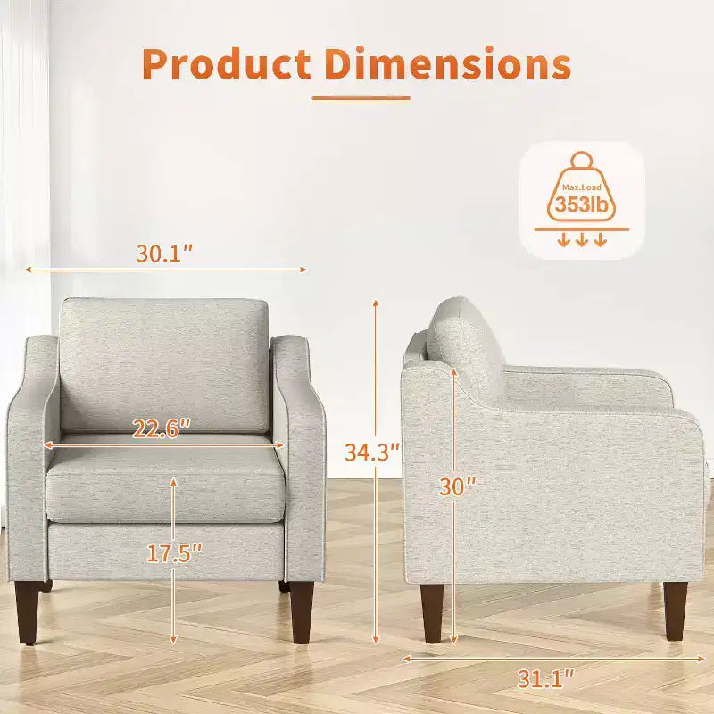FDW Accent Chair, Beige Linen Fabric Upholstered Armchair with Scooped Arms, Comfortable Single Sofa Chair for Living Room, Bedroom, Apartment, Office