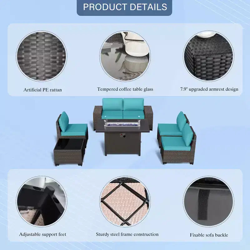 ALAULM Salon de jardin 7 pièces, en rotin, pour l'extérieur, avec canapé et table basse avec brasero au propane métallique