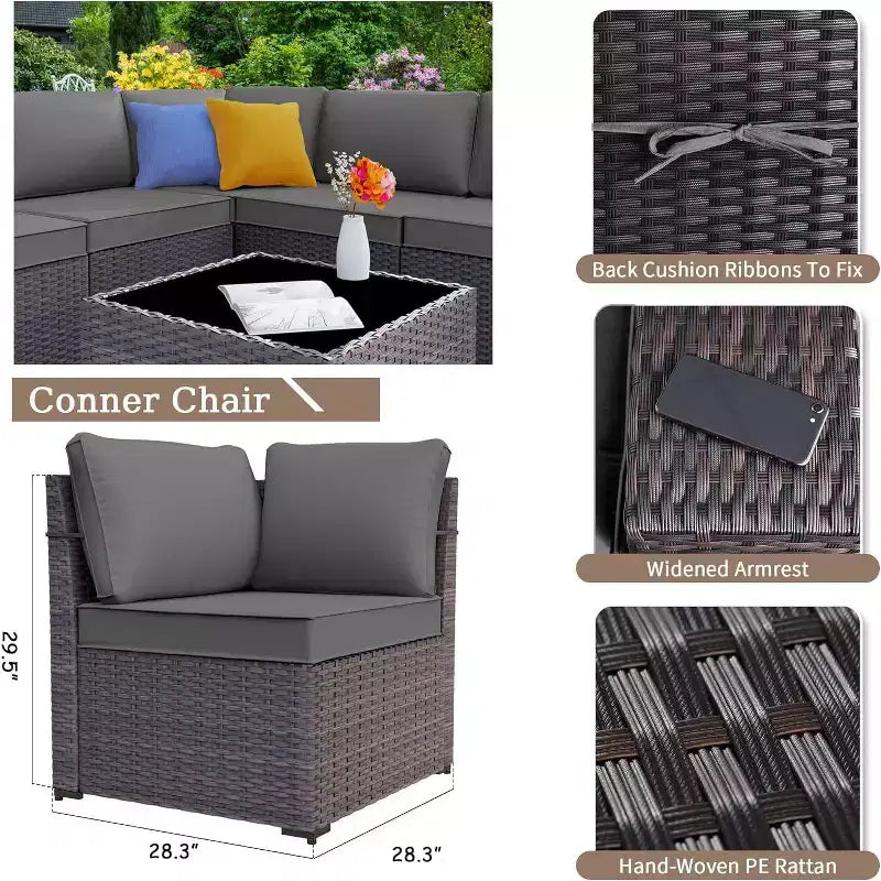 ALAULM Salon de jardin 7 pièces, en rotin, pour l'extérieur, avec canapé et table basse avec brasero au propane métallique