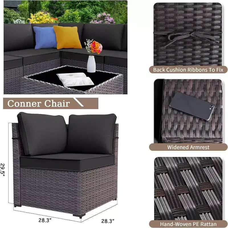 ALAULM Salon de jardin 7 pièces, en rotin, pour l'extérieur, avec canapé et table basse avec brasero au propane métallique