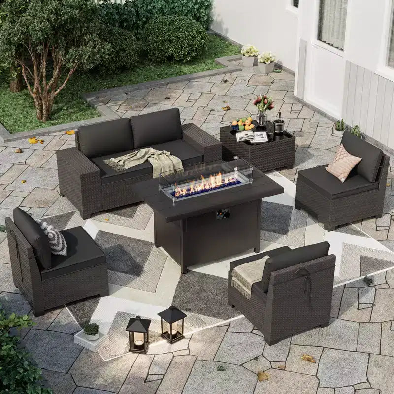ALAULM 7 Pieces Patio Furniture Set, Rattan Wicker Outdoor Conversation Sets, Furniture Sofa Set w/Metal Propane Fire Pit Table