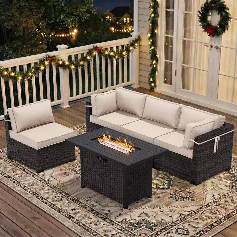 UPTIOT 5-Piece Patio Set: 2 Corner Sofas, 2 Side Chairs & Brown Fire Pit Table for Ultimate Outdoor Comfort and Entertainment