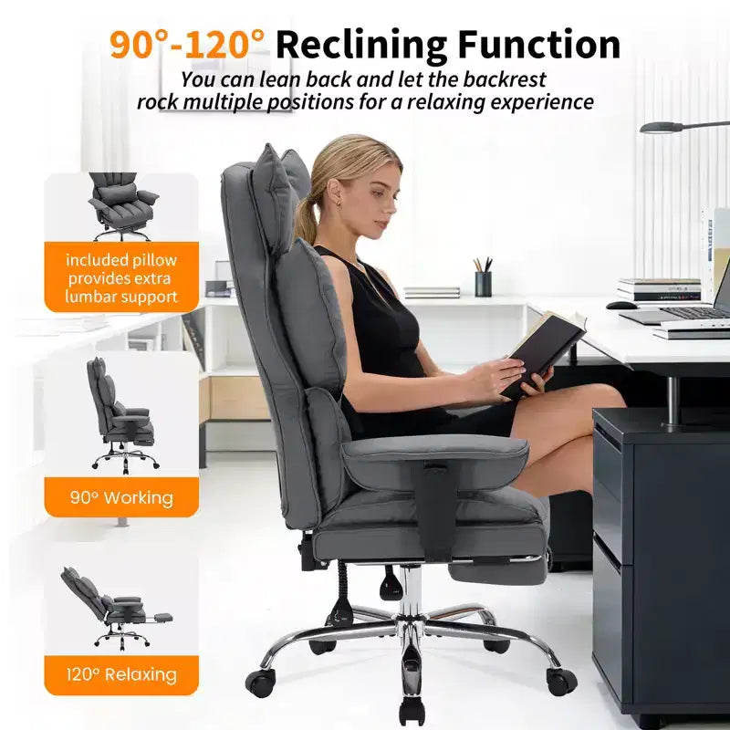 Fauteuil de bureau pour personnes fortes et grandes avec repose-pieds, fauteuil de jeu à dossier haut, fauteuil de bureau exécutif en cuir, fauteuil de bureau ergonomique avec support lombaire