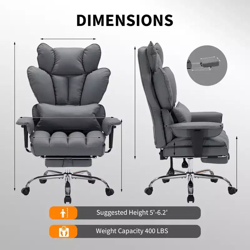 Fauteuil de bureau pour personnes fortes et grandes avec repose-pieds, fauteuil de jeu à dossier haut, fauteuil de bureau exécutif en cuir, fauteuil de bureau ergonomique avec support lombaire