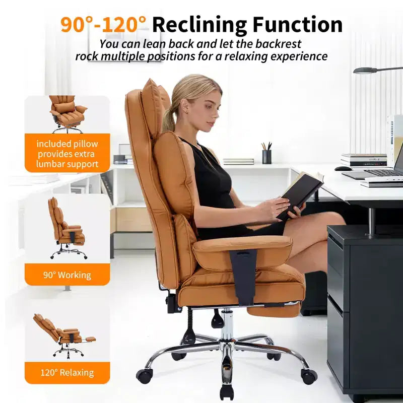 Fauteuil de bureau pour personnes fortes et grandes avec repose-pieds, fauteuil de jeu à dossier haut, fauteuil de bureau exécutif en cuir, fauteuil de bureau ergonomique avec support lombaire