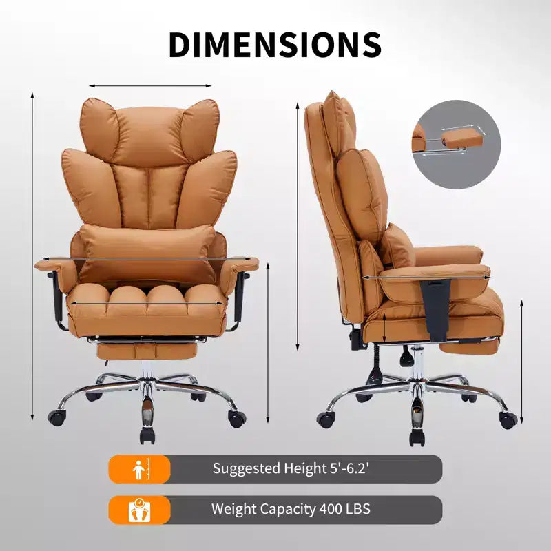 Fauteuil de bureau pour personnes fortes et grandes avec repose-pieds, fauteuil de jeu à dossier haut, fauteuil de bureau exécutif en cuir, fauteuil de bureau ergonomique avec support lombaire