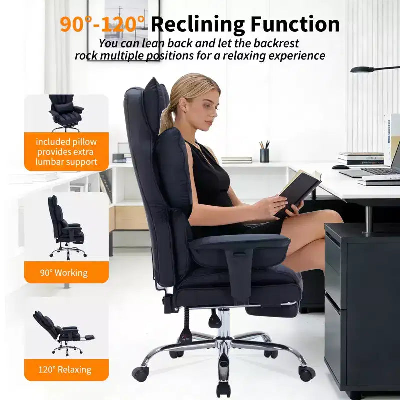 Fauteuil de bureau pour personnes fortes et grandes avec repose-pieds, fauteuil de jeu à dossier haut, fauteuil de bureau exécutif en cuir, fauteuil de bureau ergonomique avec support lombaire