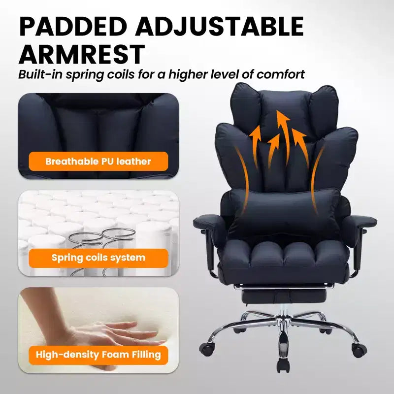 Fauteuil de bureau pour personnes fortes et grandes avec repose-pieds, fauteuil de jeu à dossier haut, fauteuil de bureau exécutif en cuir, fauteuil de bureau ergonomique avec support lombaire