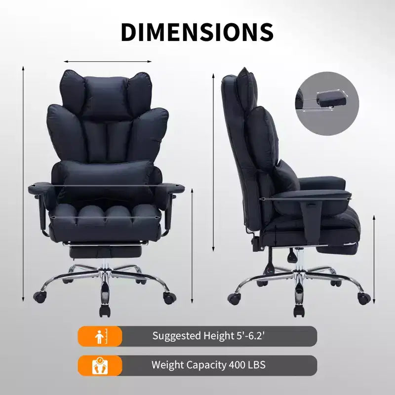 Fauteuil de bureau pour personnes fortes et grandes avec repose-pieds, fauteuil de jeu à dossier haut, fauteuil de bureau exécutif en cuir, fauteuil de bureau ergonomique avec support lombaire