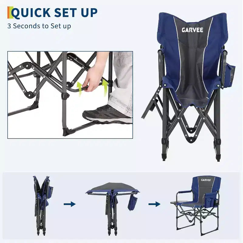 Folding Camping Chair for Adults - Portable Lawn Chair with Side Table Pocket & Beverage Holder, Heavy Duty Director Chair for RV Beach Yard Garden