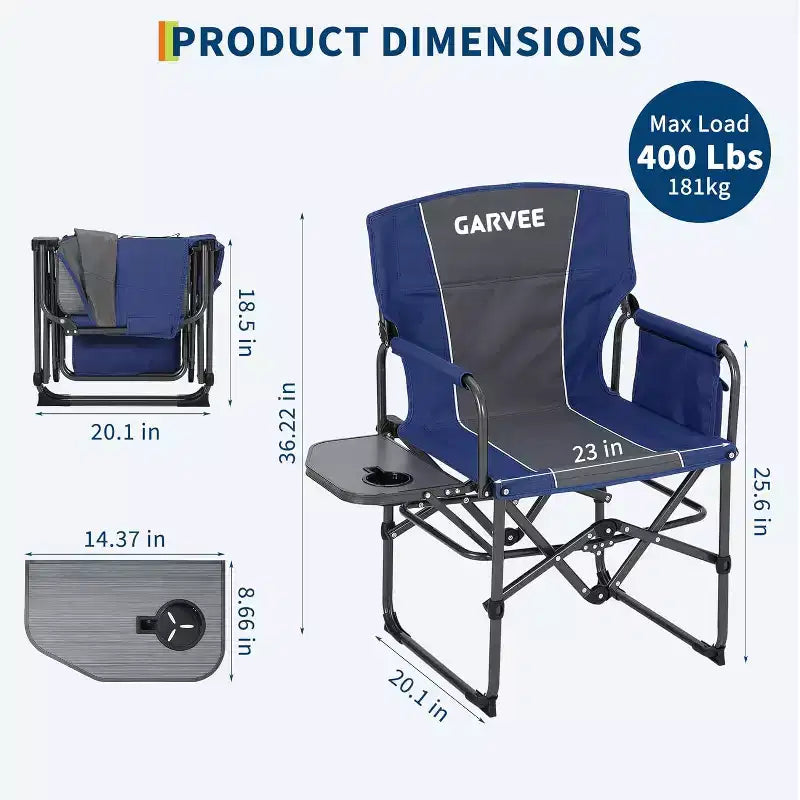 Folding Camping Chair for Adults - Portable Lawn Chair with Side Table Pocket & Beverage Holder, Heavy Duty Director Chair for RV Beach Yard Garden