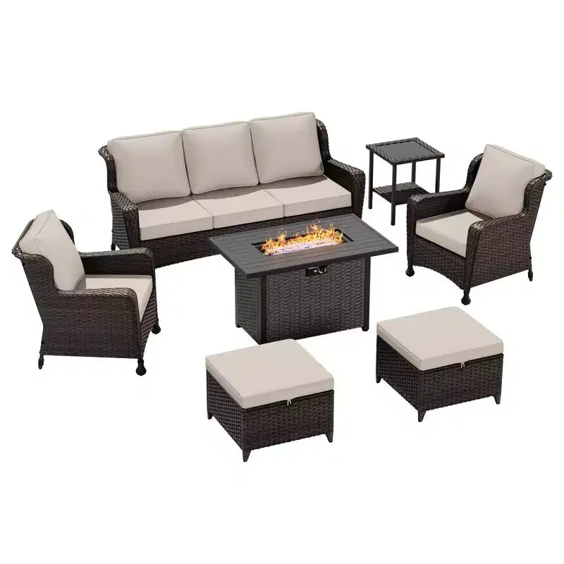 Ensemble extérieur UPTIOT : canapé 3 places, fauteuils en osier, table brasero et table d'appoint