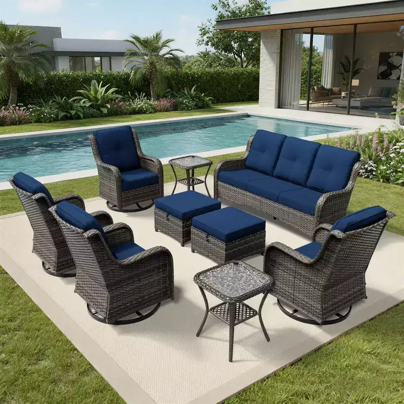 Ensemble de salon d'extérieur UPTIOT Premium : canapé 3 places, 4 fauteuils pivotants, 2 poufs et tables d'appoint