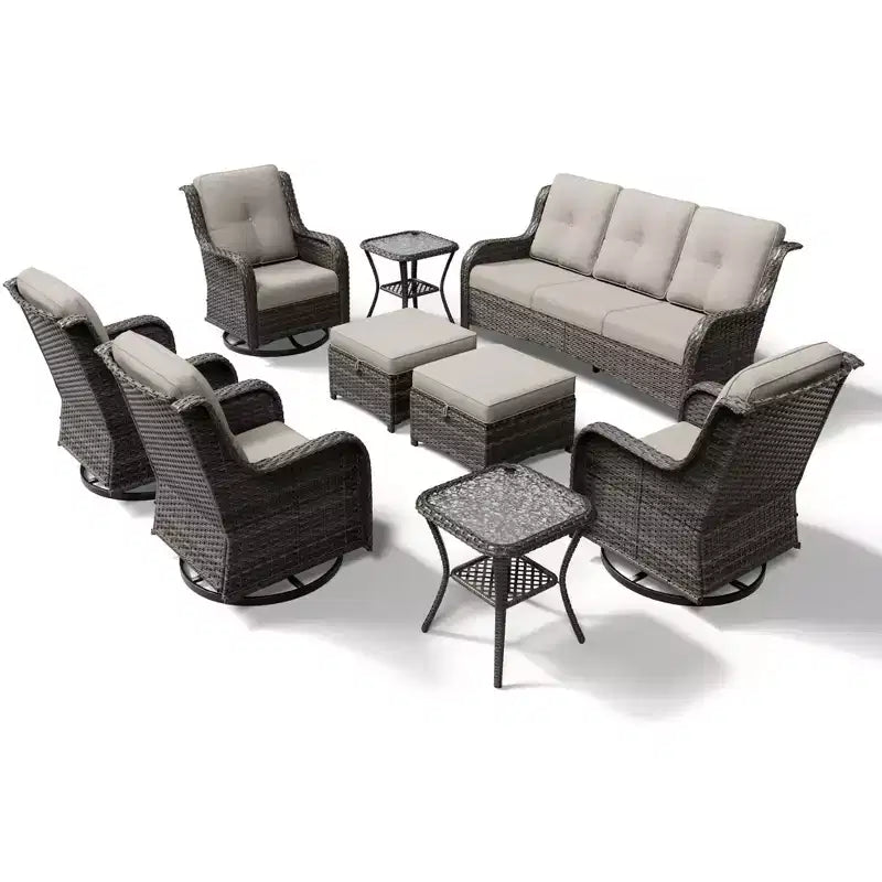 Ensemble de salon d'extérieur UPTIOT Premium : canapé 3 places, 4 fauteuils pivotants, 2 poufs et tables d'appoint
